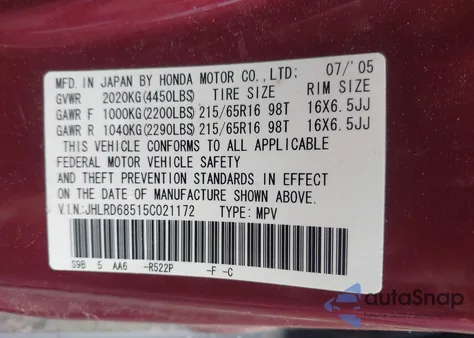 2005 Honda Cr-V Lx from USA, damaged, VIN JHLRD68515C021172